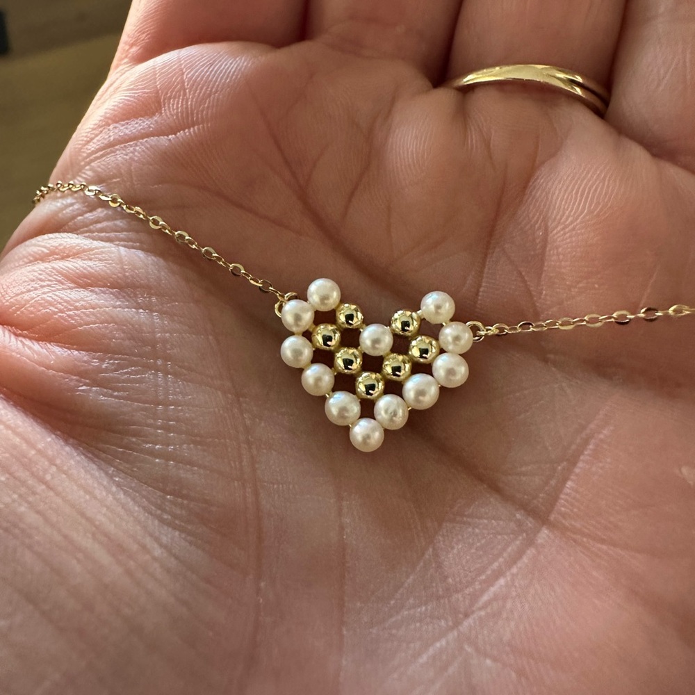 $179 NEW Pixilated Gold & Freshwater Pearl Heart Necklace
